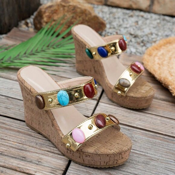 Jimmy Choo Avenue Leather Crisscross Wedge Sandals  Gold Bohemian Women\'s Criss-Cross beaqded detailed Wedge Sandals